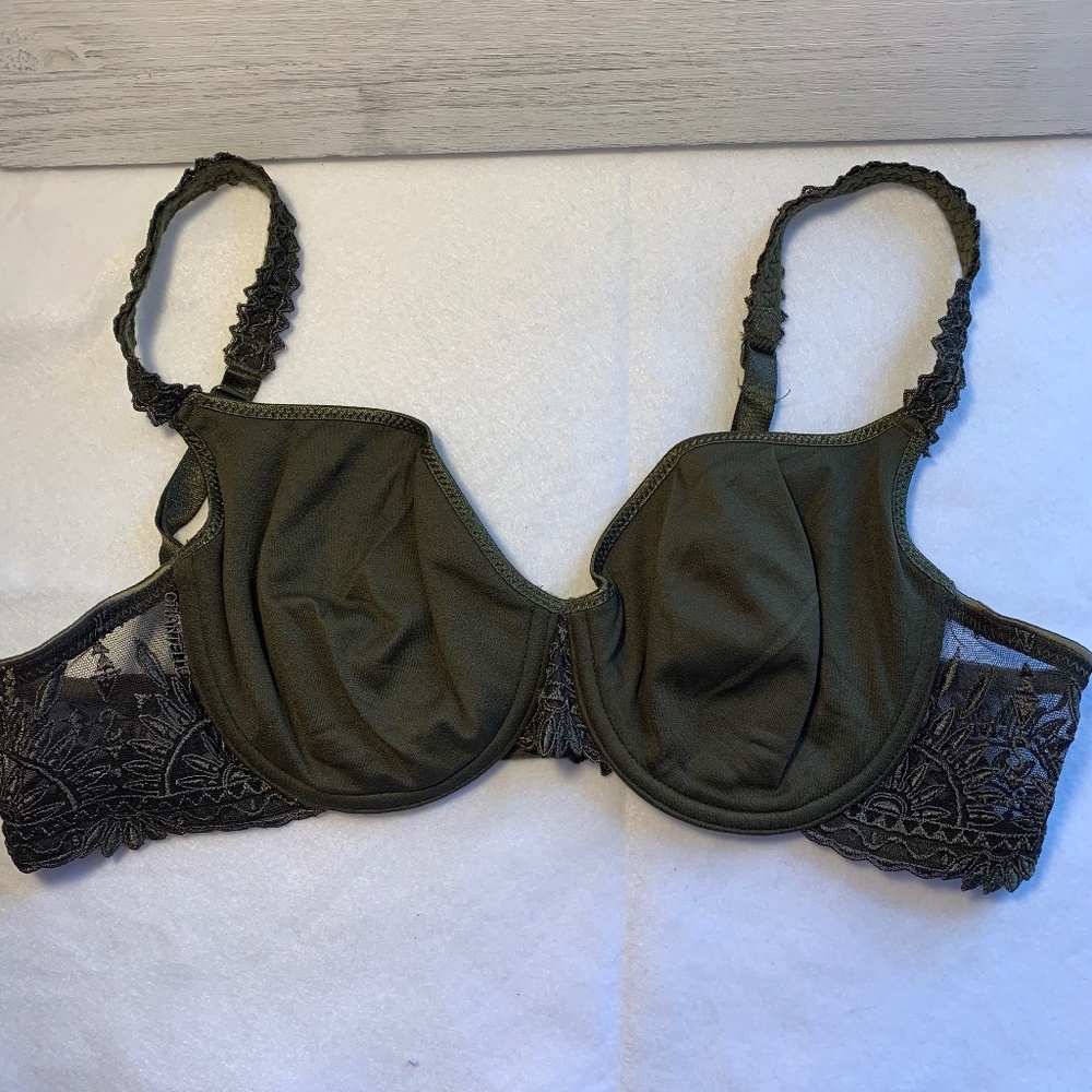 Chantelle Luxury Lace Underwire Bra 36C Olive Green Sheer Side‎ Panels French